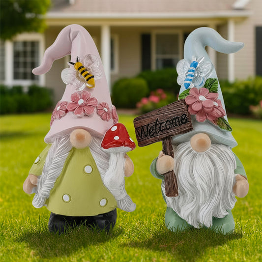 2PCS Spring Gnome Figurines Decor-Welcome Sign and Mushroom