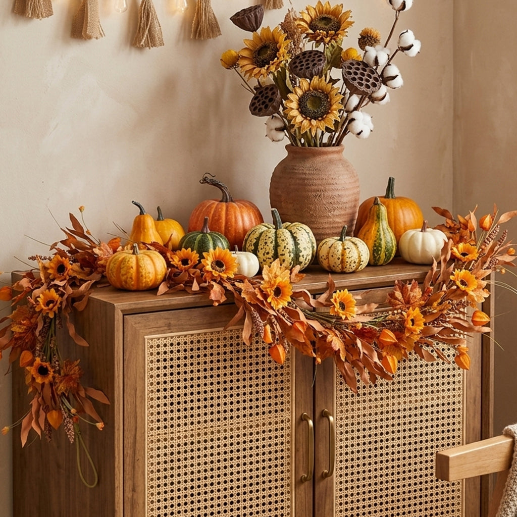 6 Ft Fall Garland for Mantle, Sunflower Autumn Garland with Maple Leaves