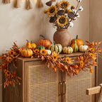 6 Ft Fall Garland for Mantle, Sunflower Autumn Garland with Maple Leaves