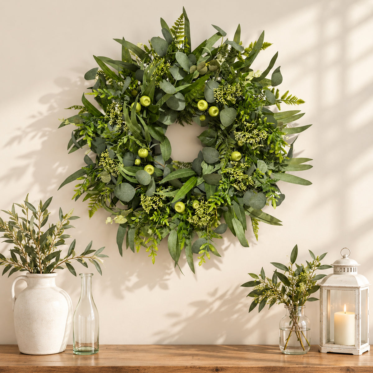 22 Inch Green Wreath for Front Door, Artificial All Season Harvest Door Wreath