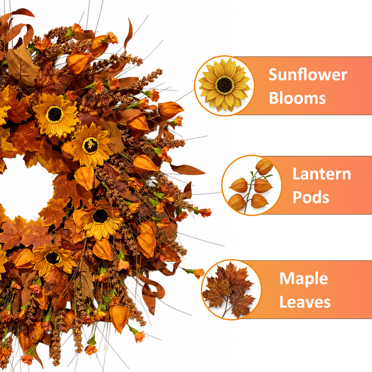 24 Inch Fall Wreath for Front Door, Artificial Autumn Harvest Door Wreath