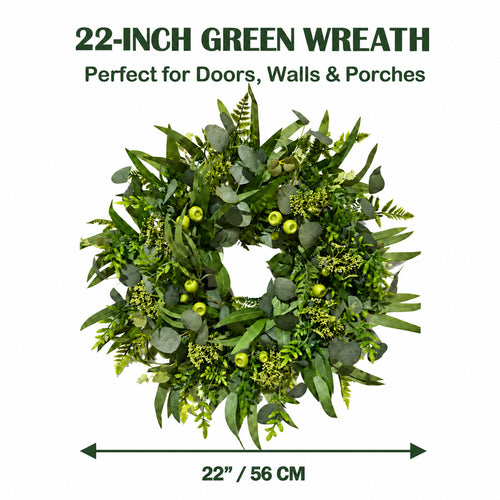 22 Inch Green Wreath for Front Door, Artificial All Season Harvest Door Wreath