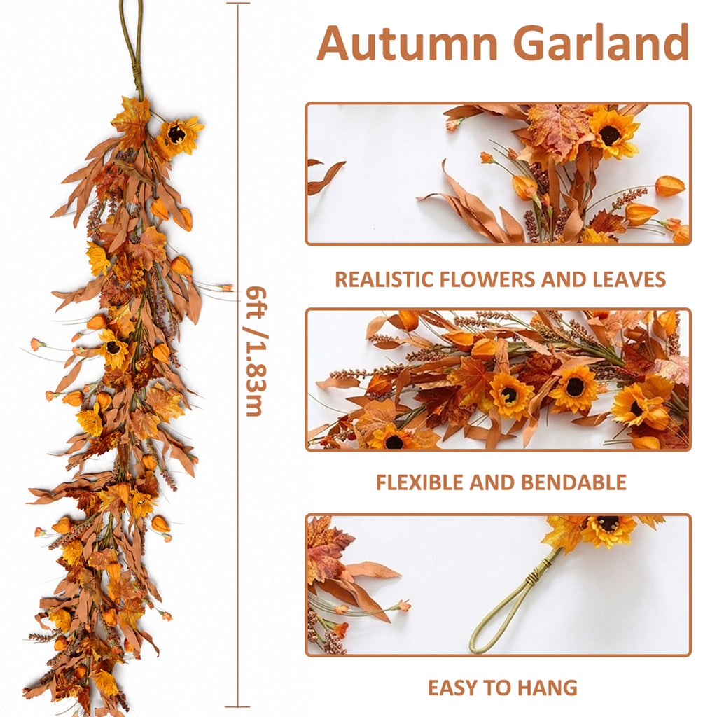 6 Ft Fall Garland for Mantle, Sunflower Autumn Garland with Maple Leaves