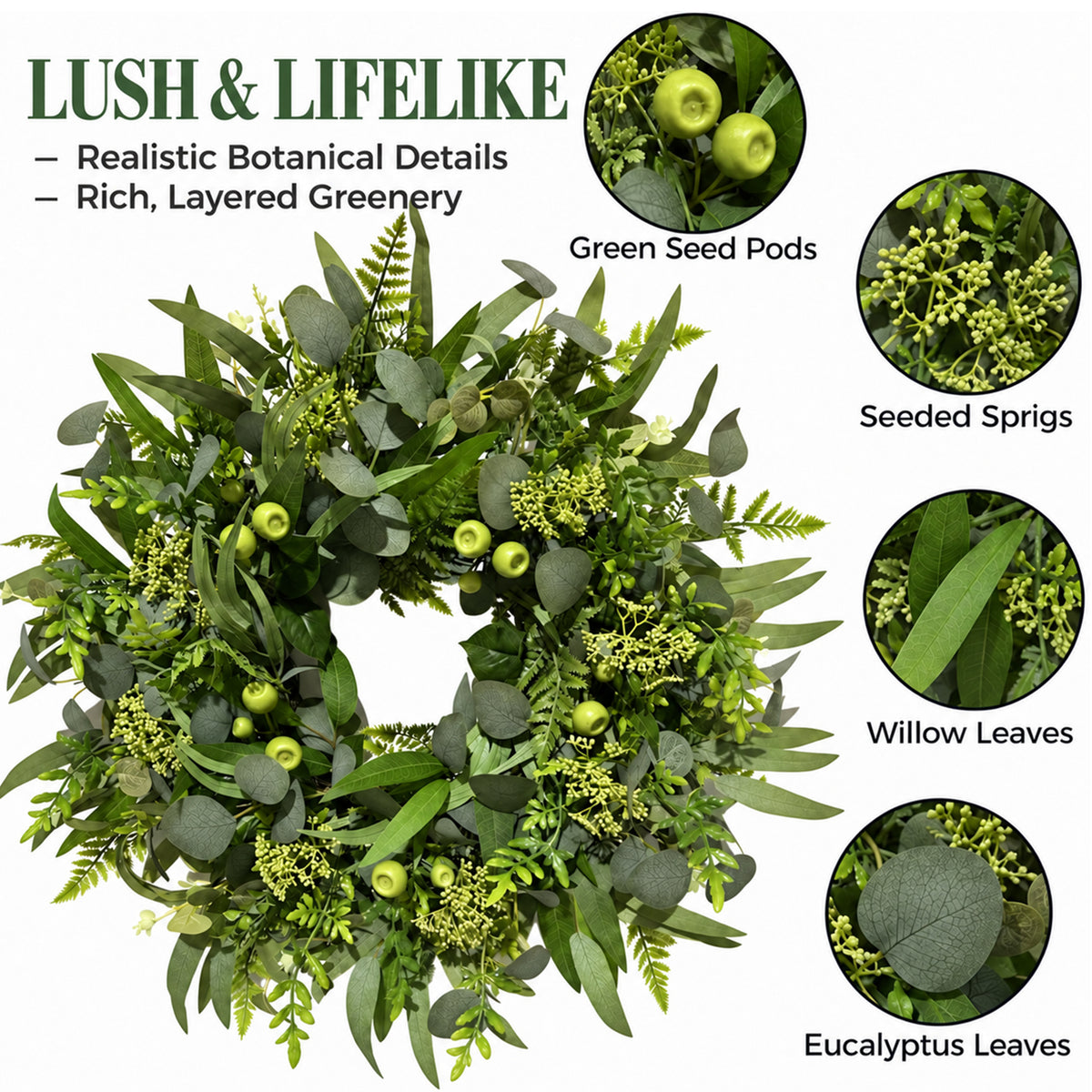 22 Inch Green Wreath for Front Door, Artificial All Season Harvest Door Wreath