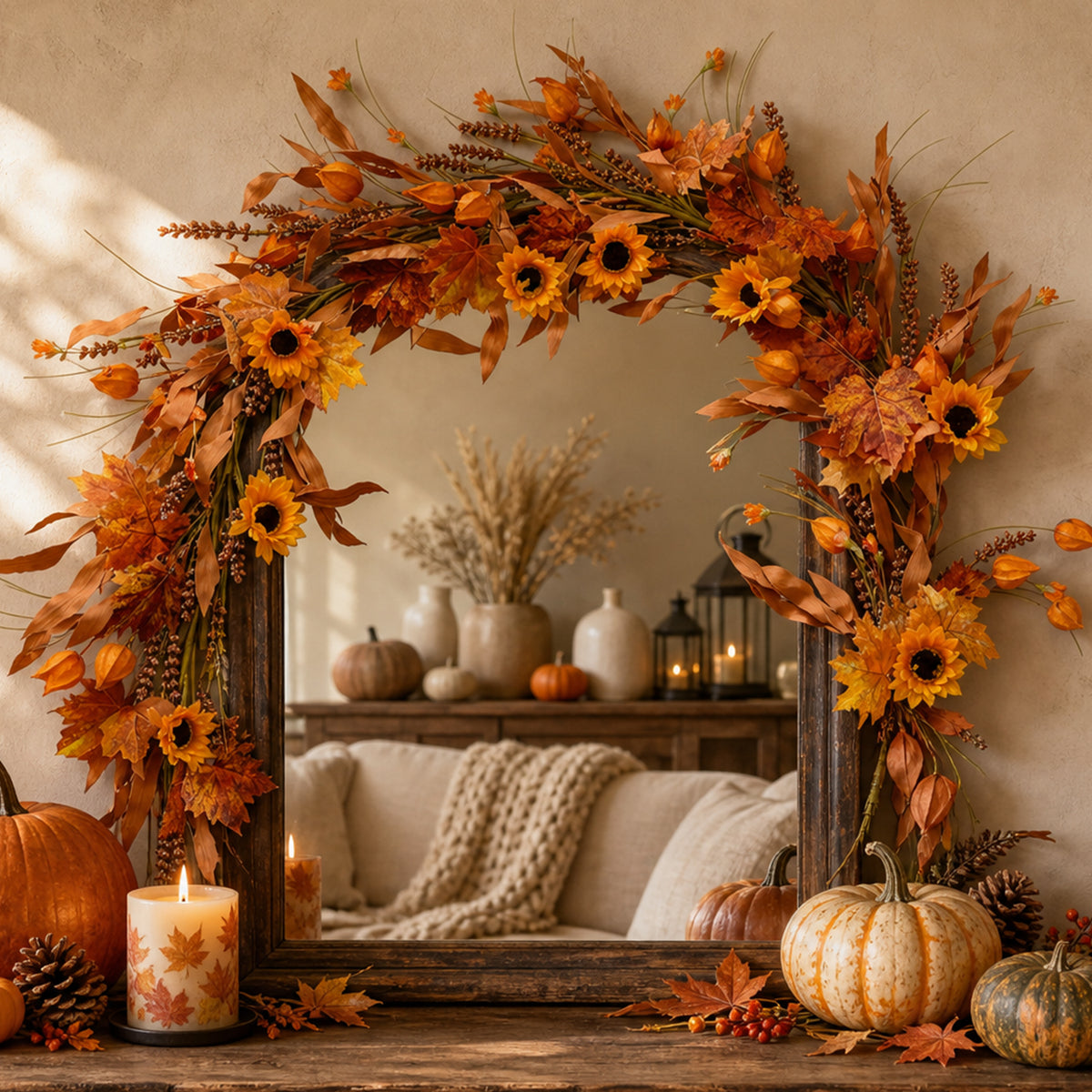 6 Ft Fall Garland for Mantle, Sunflower Autumn Garland with Maple Leaves