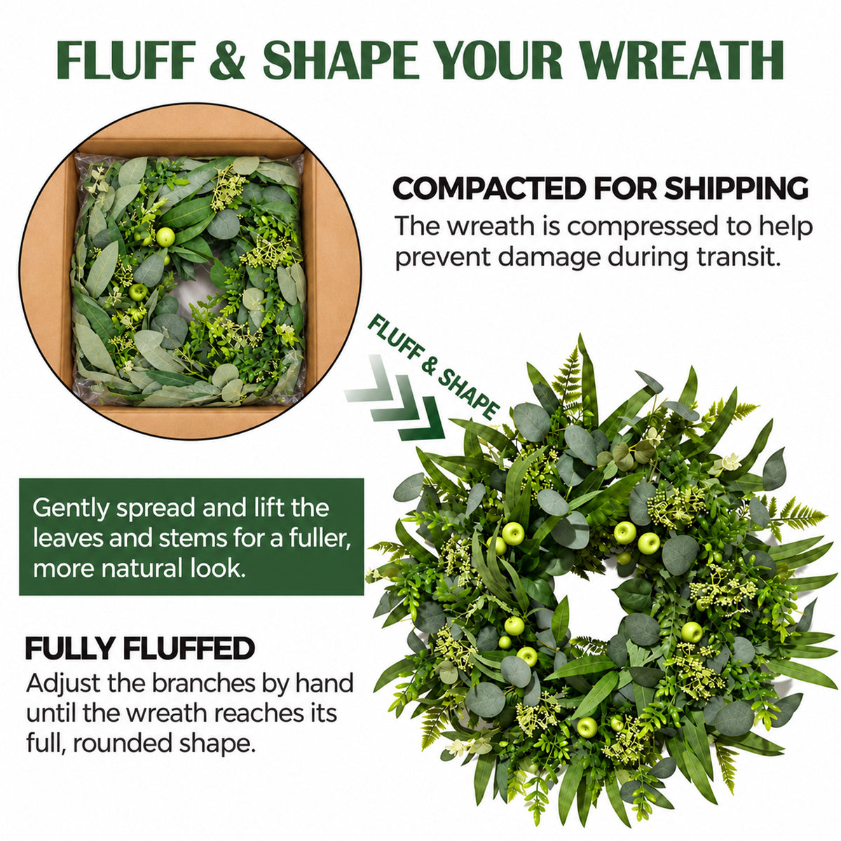 22 Inch Green Wreath for Front Door, Artificial All Season Harvest Door Wreath