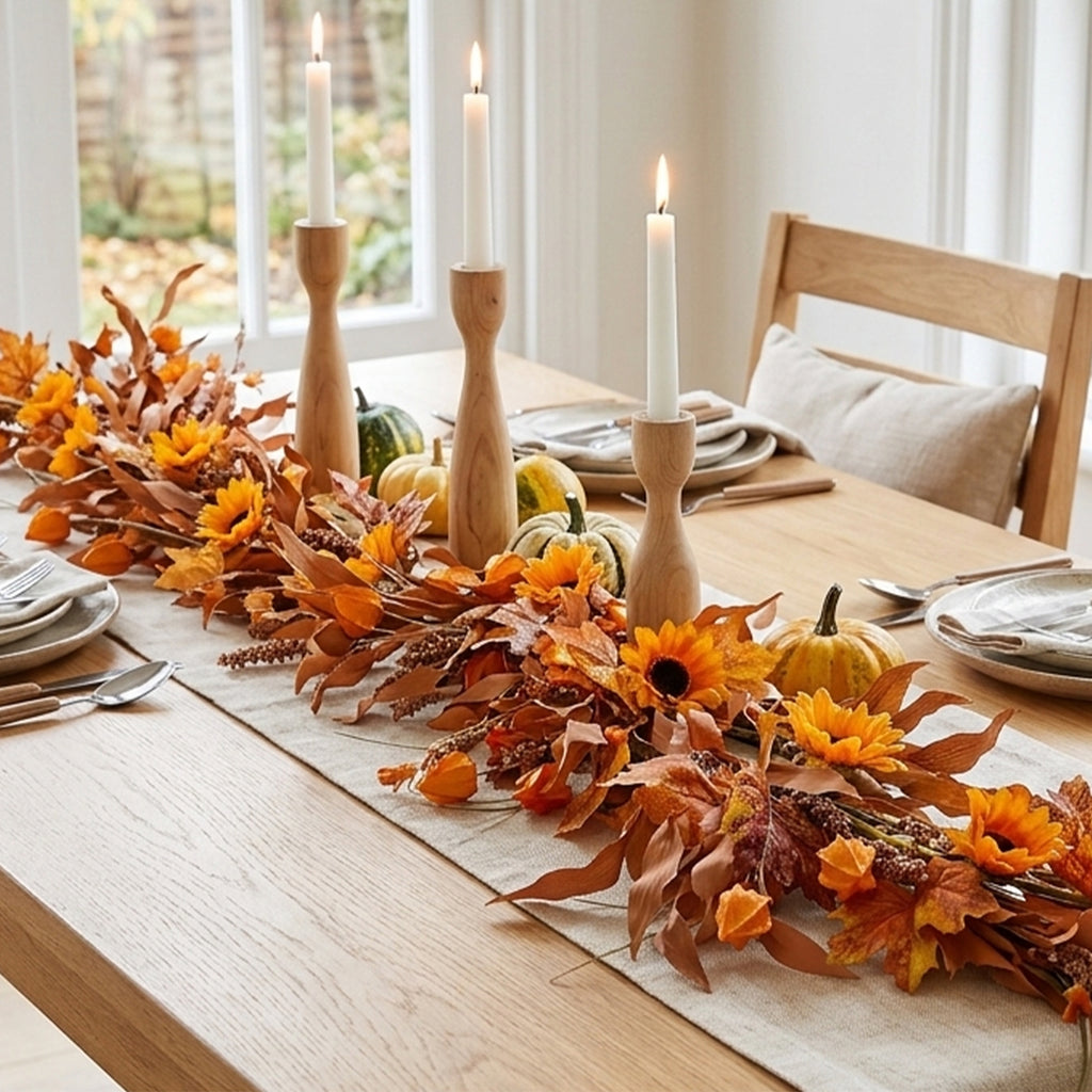 6 Ft Fall Garland for Mantle, Sunflower Autumn Garland with Maple Leaves