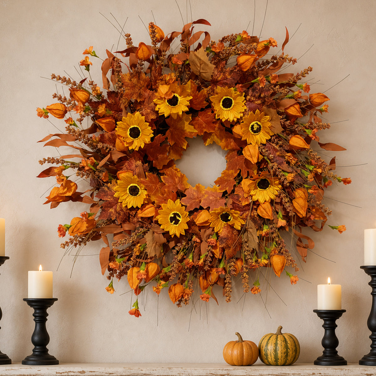 24 Inch Fall Wreath for Front Door, Artificial Autumn Harvest Door Wreath