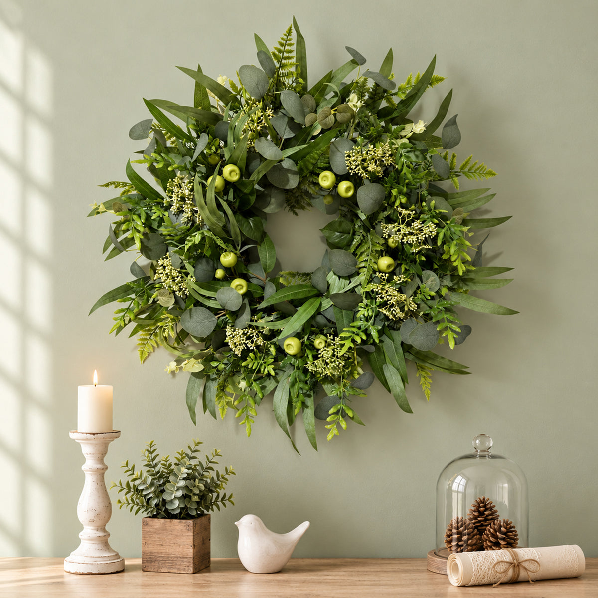 22 Inch Green Wreath for Front Door, Artificial All Season Harvest Door Wreath