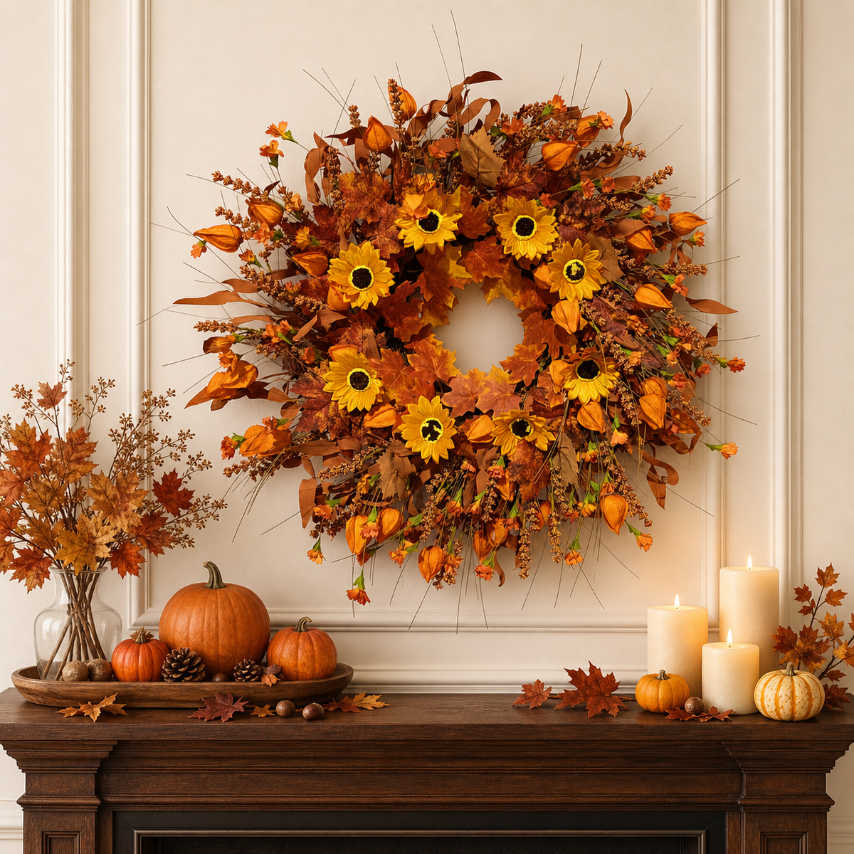 24 Inch Fall Wreath for Front Door, Artificial Autumn Harvest Door Wreath