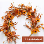 6 Ft Fall Garland for Mantle, Sunflower Autumn Garland with Maple Leaves