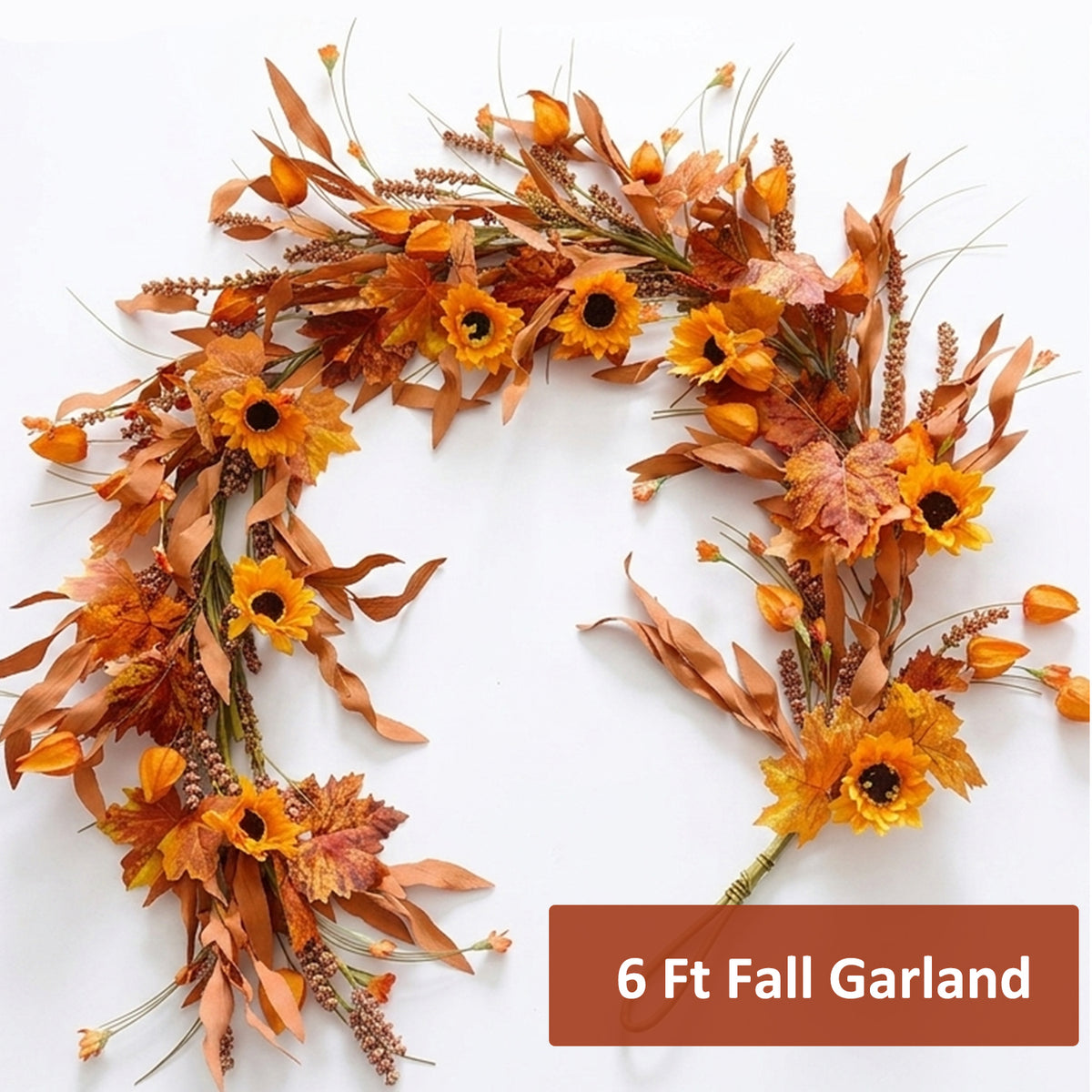 6 Ft Fall Garland for Mantle, Sunflower Autumn Garland with Maple Leaves