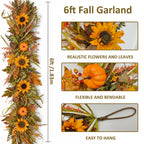 6 Ft Fall Garland for Mantle, Pumpkins Artificial Autumn Garland Decor